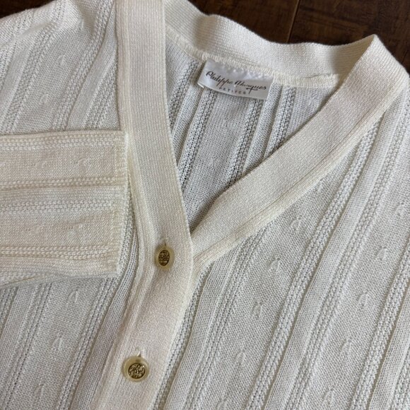 Vintage Philippe Marques Women's Sweater Cardigan White Golden Buttons Petite 14 - Picture 1 of 10
